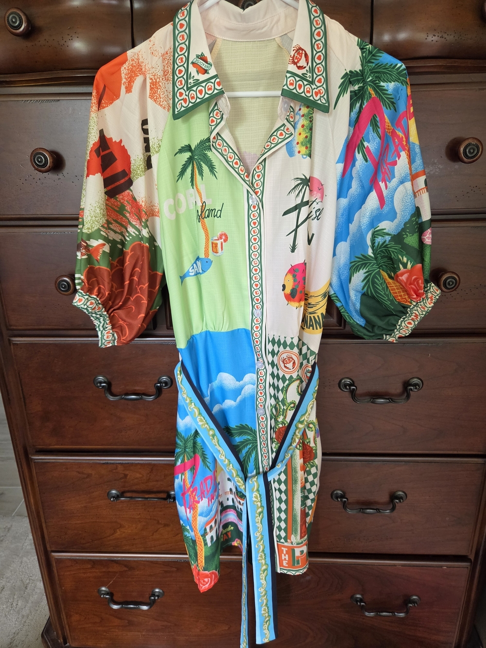 Colorful Tropical Print Button-Up Dress/Cover-up with Belt, Sz. L